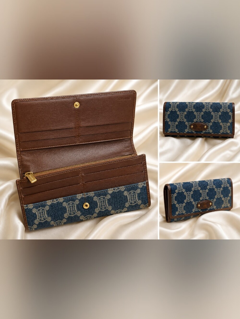 Celine Triomphe Denim Wallet with Brown Leather Trim